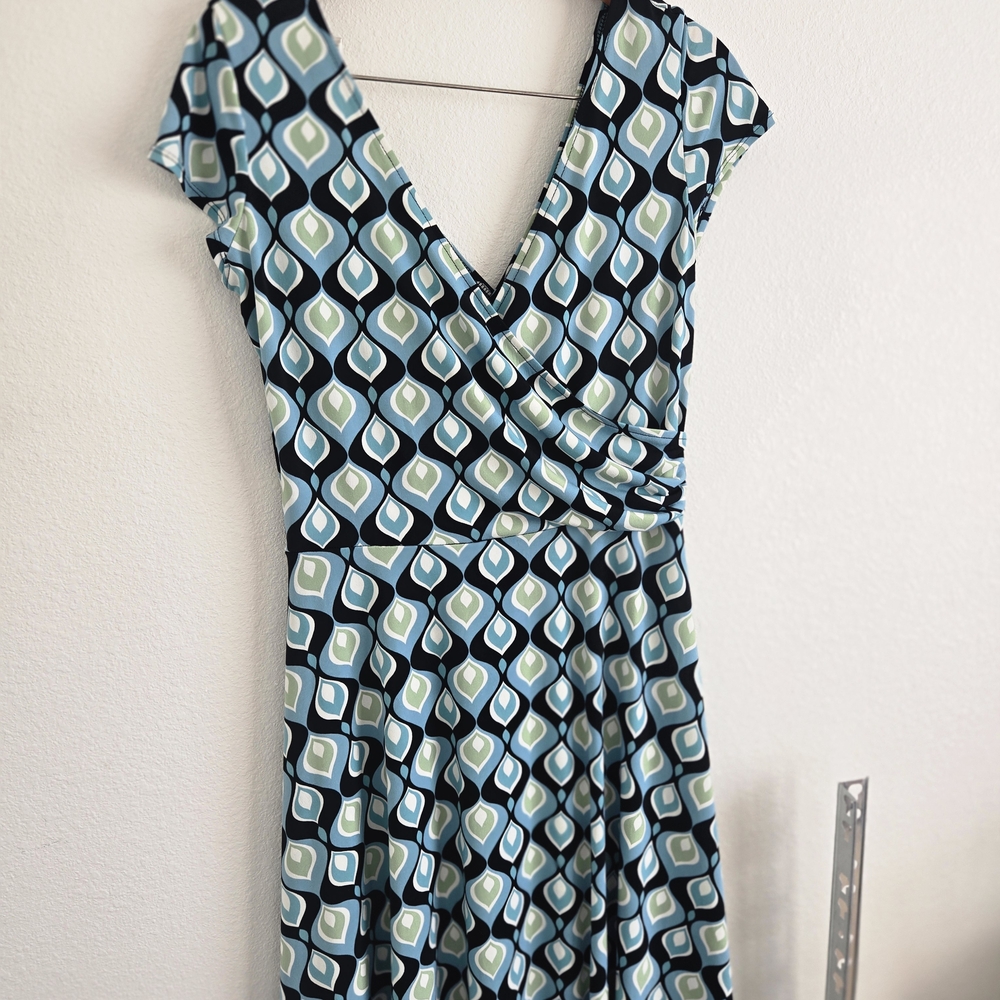 dressbarn Geometric Print Midi Dress in Blue and Green